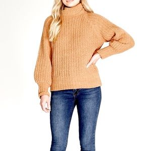 The Nines Oversized Chunky Knit Fuzzy Mock Neck Puff Sleeve Sweater Camel Tan L
